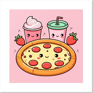 Kawaii Pizza Party with Pepperoni Pizza, Strawberry Ice Cream, and Drink | Kawaii Food Art Posters and Art